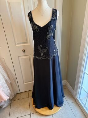 J Kara Navy Beaded Scoop Neck Maxi Dress
